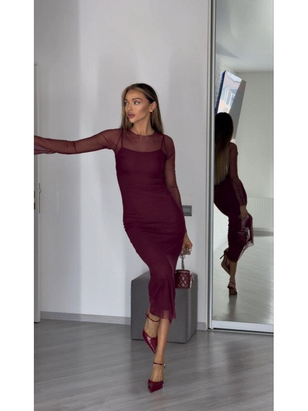 Легка комбінована сукня міді з сіткою бордового кольору 30659