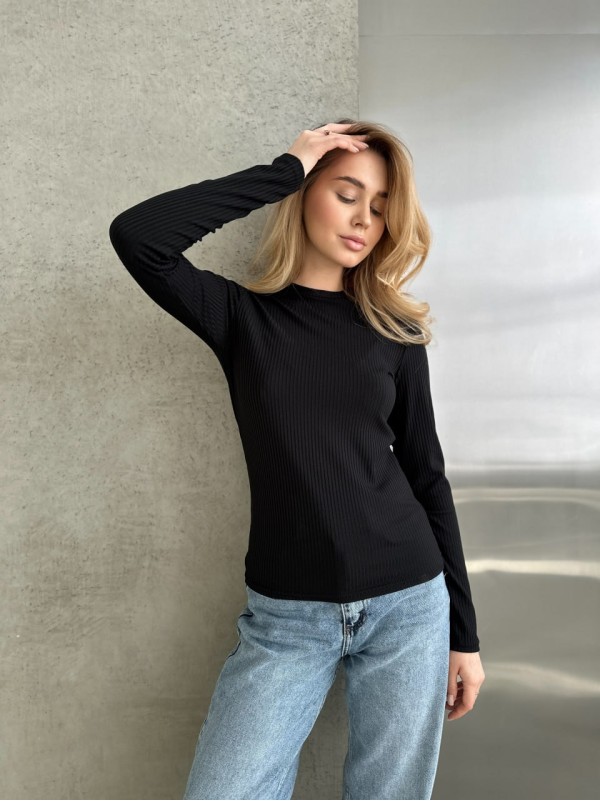 Жіночий легкий лонгслів у рубчик чорного кольору 30756
