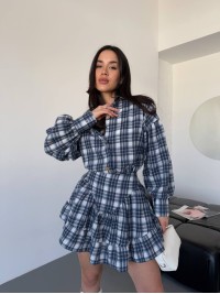 Жіночий костюм зі спідницею в клітку синього кольору 30784