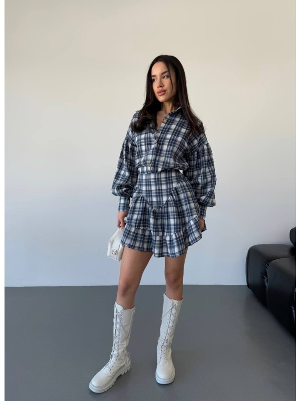 Жіночий костюм зі спідницею в клітку синього кольору 30784