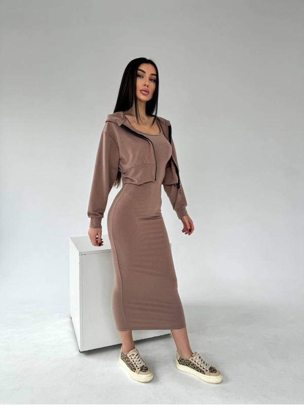 Жіночий комплект кофта+сукня кавового кольору 30896