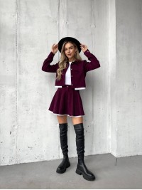 Жіночий вельветовий костюм 2-ка (спідниця-шорти+піджак) бордового кольору 30966