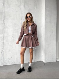 Жіночий вельветовий костюм 2-ка (спідниця-шорти+піджак) кавового кольору 30967