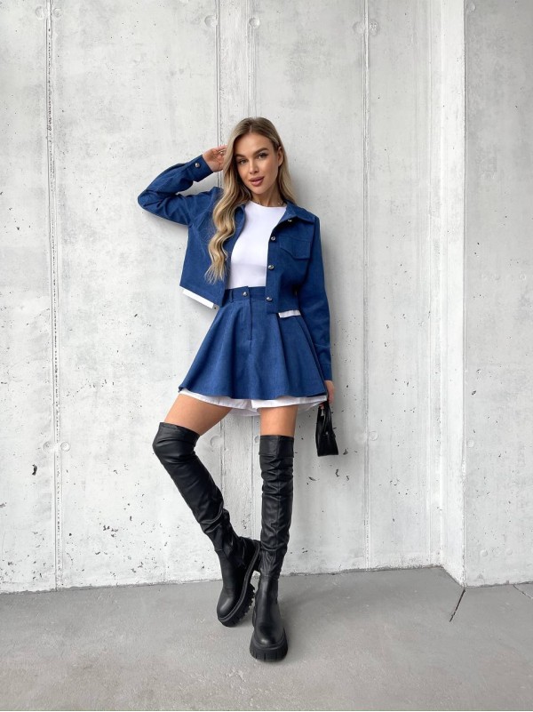 Жіночий вельветовий костюм 2-ка (спідниця-шорти+піджак) синього кольору 30968