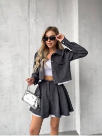 Жіночий вельветовий костюм 2-ка (спідниця-шорти+піджак) графiового кольору 30969