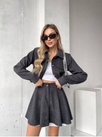 Жіночий вельветовий костюм 2-ка (спідниця-шорти+піджак) графiового кольору 30969