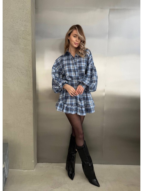 Жіночий комплект спідниця+сорочка в клітку синього кольору 31003