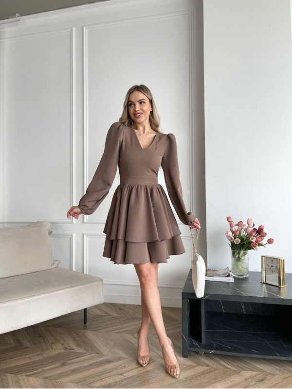 Класична сукня міні з подвійною спідницею кавового кольору 31037