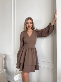 Класична сукня міні з подвійною спідницею кавового кольору 31037