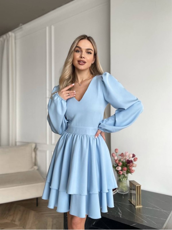 Класична сукня міні з подвійною спідницею блакитного кольору 31040