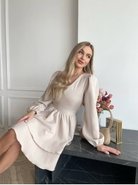 Класична сукня міні з подвійною спідницею бежевого кольору 31043