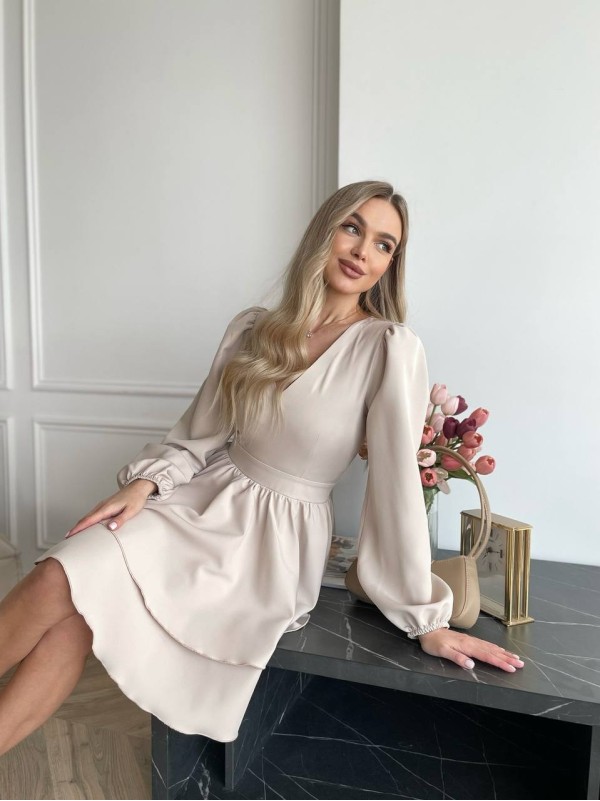 Класична сукня міні з подвійною спідницею бежевого кольору 31043