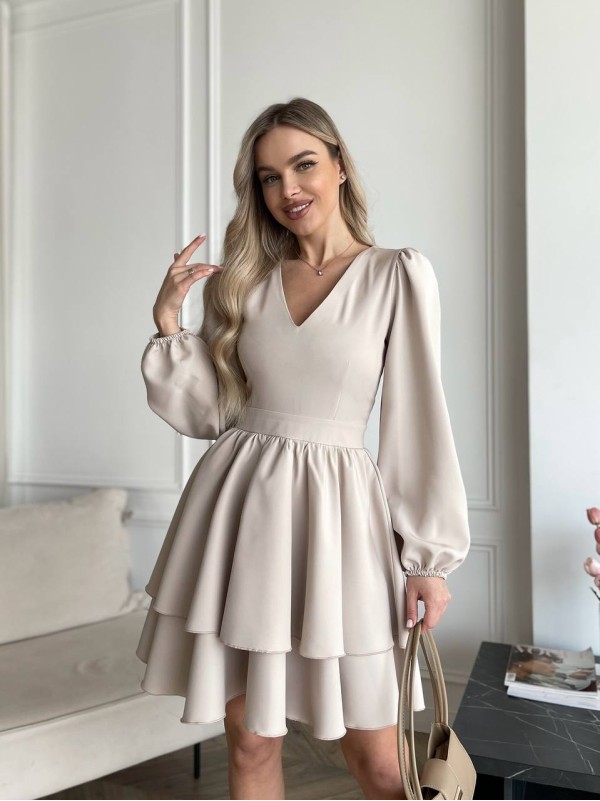 Класична сукня міні з подвійною спідницею бежевого кольору 31043