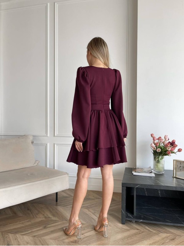 Класична сукня міні з подвійною спідницею бордового кольору 31044