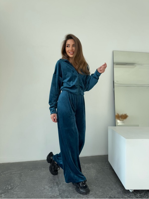 Велюровий жіночий костюм на блискавці кольору морської хвилі 31207