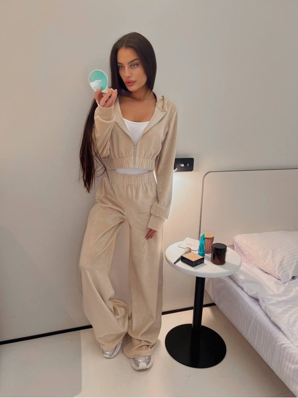 Велюровий жіночий костюм на блискавці бежевого кольору 31222