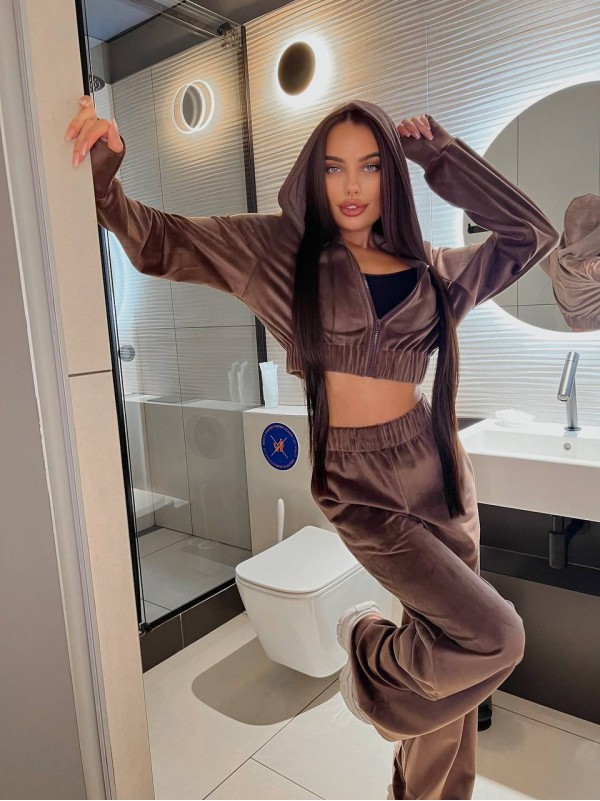 Велюровий жіночий костюм на блискавці коричневого кольору 31223