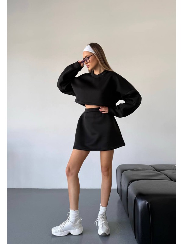 Жіночий прогулянковий костюм спідниця+батник чорного кольору 31425