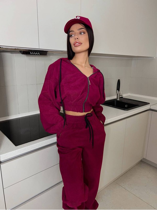 Вельветовий костюм на блискавці бордового кольору 31426