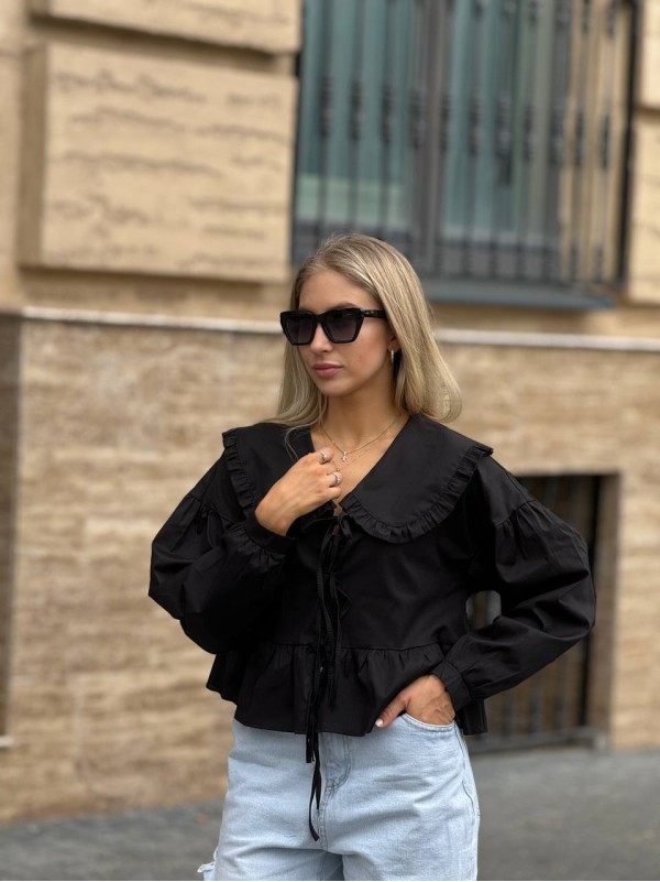 Жіноча бавовняна блуза на зав'язках чорного кольору 31431