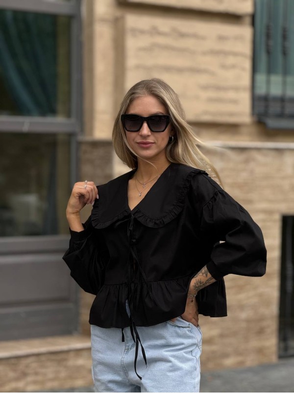 Жіноча бавовняна блуза на зав'язках чорного кольору 31431