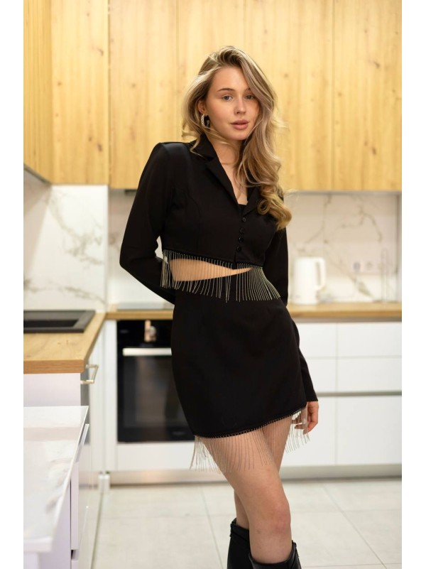 Класичний жіночий костюм з бахромою чорного кольору 31433