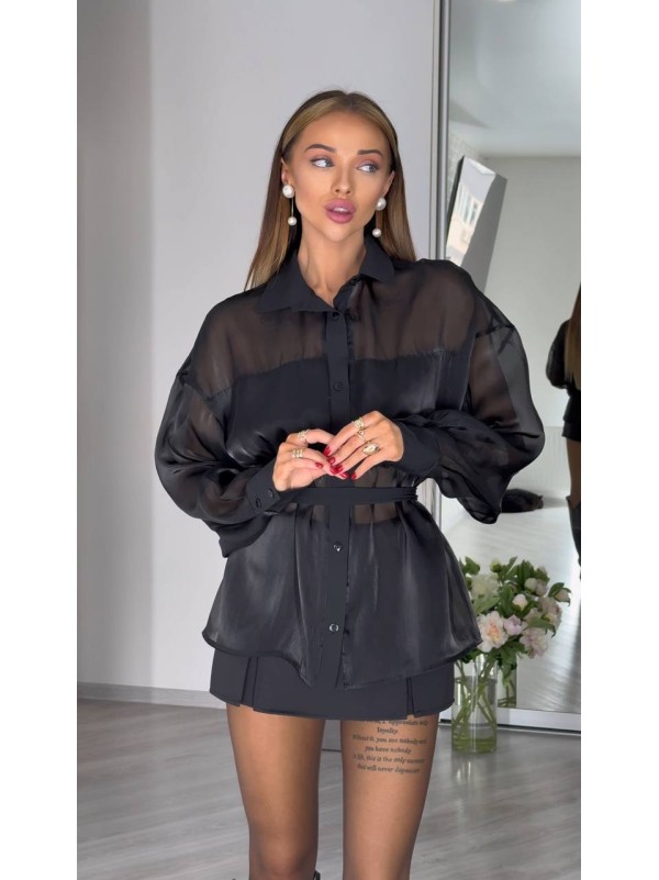 Жіноча прозора блуза з поясом чорного кольору 31439