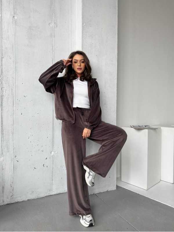 Велюровий жіночий костюм на блискавці коричневого кольору 31473