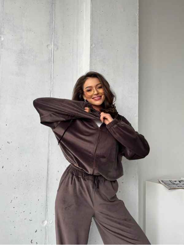 Велюровий жіночий костюм на блискавці коричневого кольору 31473