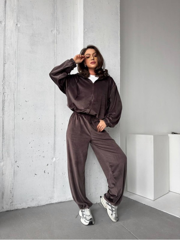 Велюровий жіночий костюм на блискавці коричневого кольору 31473