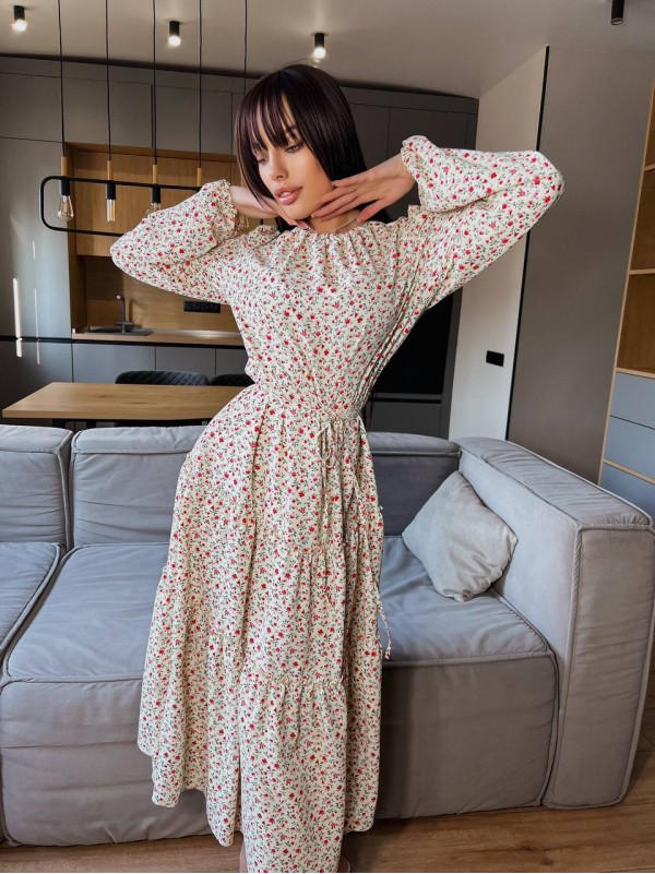 Повітряна сукня мідi у квітку бежевого кольору 31532