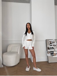 Бавовняний домашній комплект трійка (шорти+сорочка+штани) молочного кольору 31545