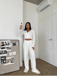 Бавовняний домашній комплект трійка (шорти+сорочка+штани) молочного кольору 31545