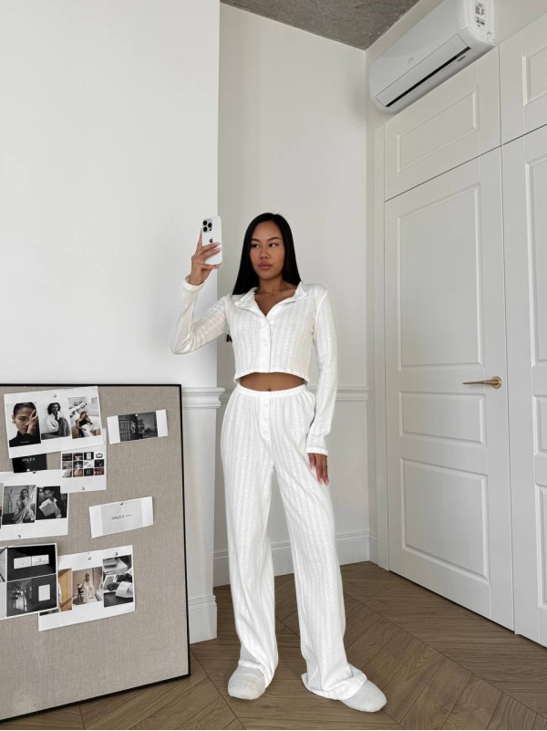 Бавовняний домашній комплект трійка (шорти+сорочка+штани) молочного кольору 31545