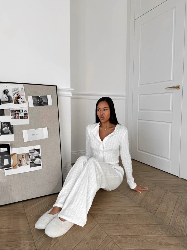 Бавовняний домашній комплект трійка (шорти+сорочка+штани) молочного кольору 31545