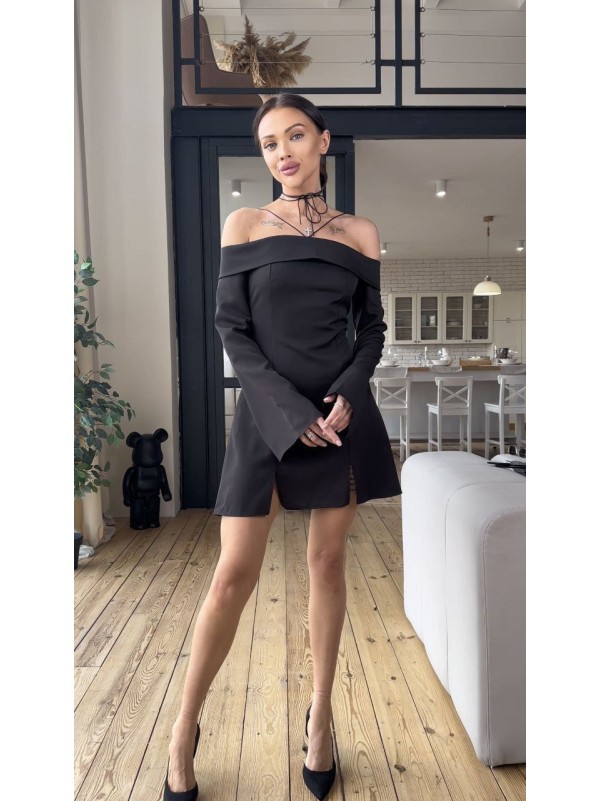 Класична сукня міні з відкритими плечима чорного кольору 31551