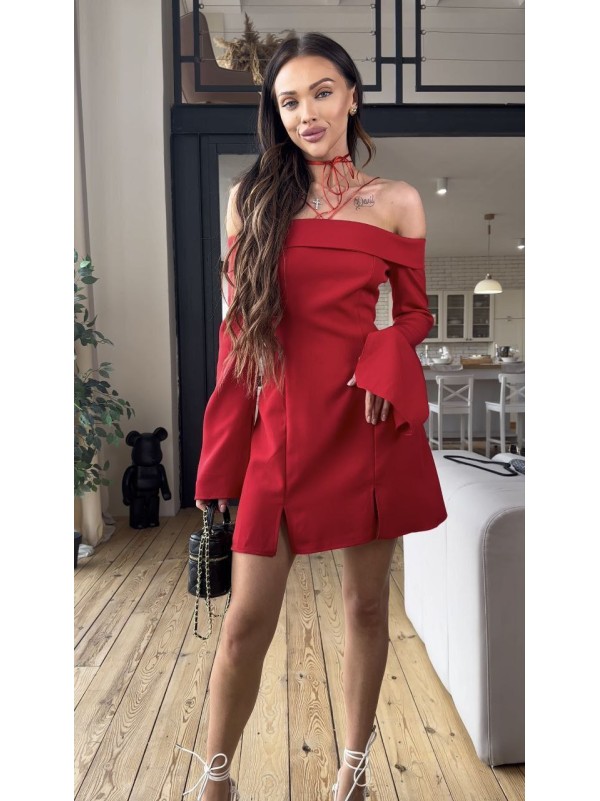Класична сукня міні з відкритими плечима червоного кольору 31552