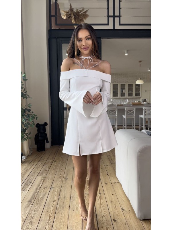 Класична сукня міні з відкритими плечима молочного кольору 31553