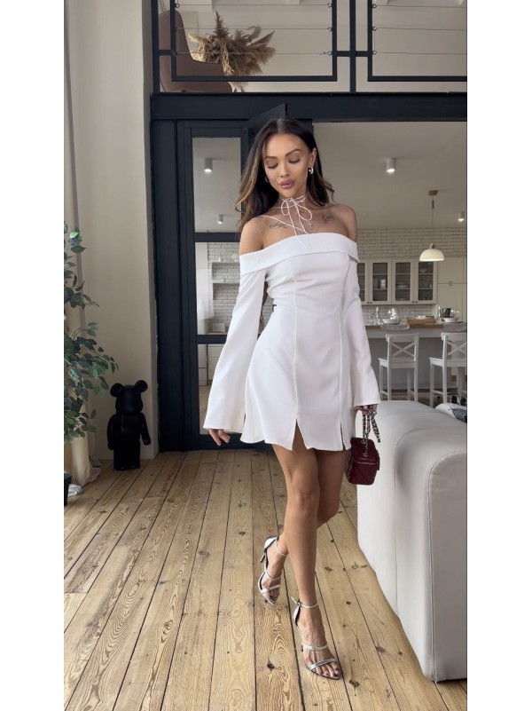 Класична сукня міні з відкритими плечима молочного кольору 31553