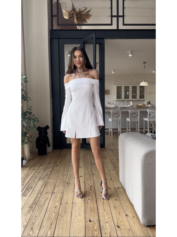 Класична сукня міні з відкритими плечима молочного кольору 31553