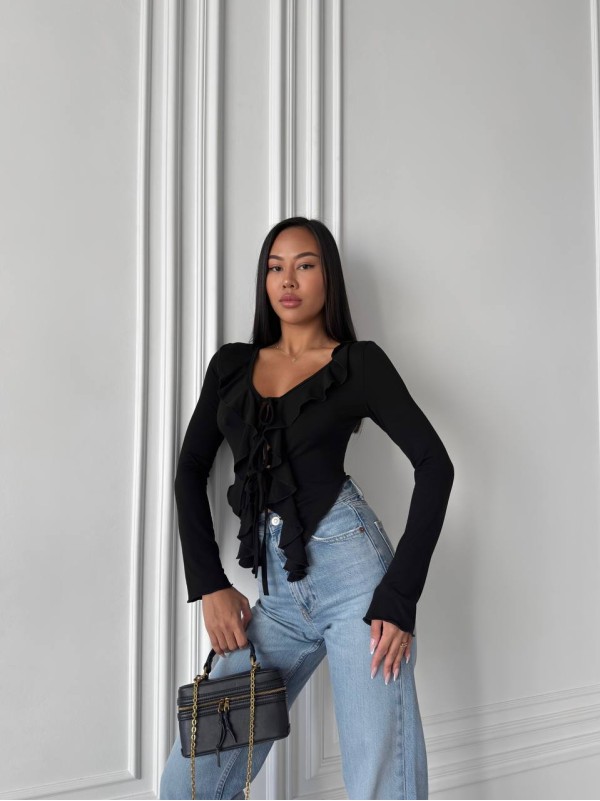 Жіночий топ із воланами на зав'язках чорного кольору 31660