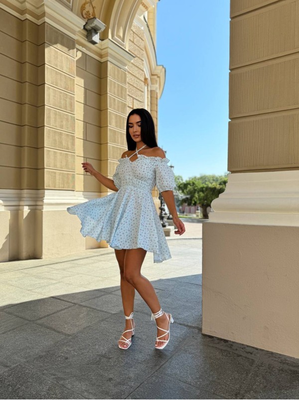 Муслінове плаття міні в рожеву квітку молочного кольору 31692