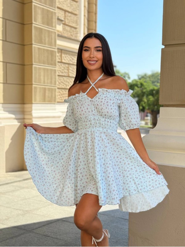 Муслінове плаття міні в рожеву квітку молочного кольору 31692