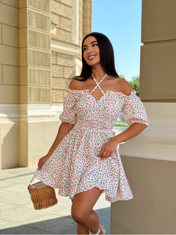 Муслінове плаття міні в малинову квітку молочного кольору 31694