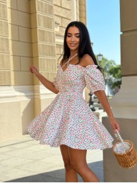 Муслінове плаття міні в малинову квітку молочного кольору 31694