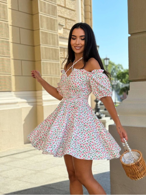 Муслінове плаття міні в малинову квітку молочного кольору 31694