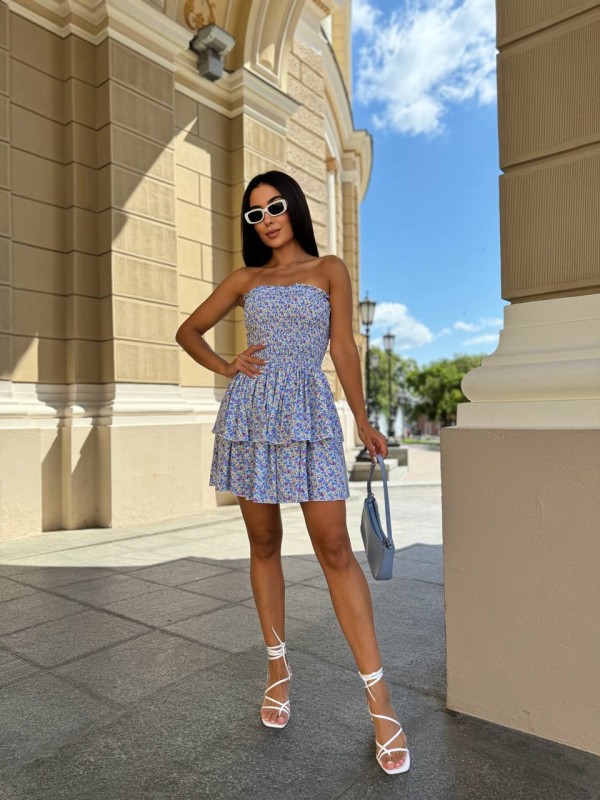 Пишна сукня міні в квітку блакитного кольору 31699