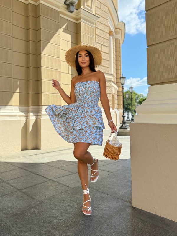 Пишна сукня міні в квітку м'ятного кольору 31700