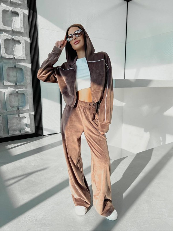 Велюровий жіночий костюм з капюшоном коричневого кольору 31708