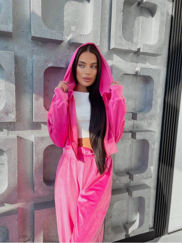 Велюровий жіночий костюм з капюшоном малинового кольору 31711